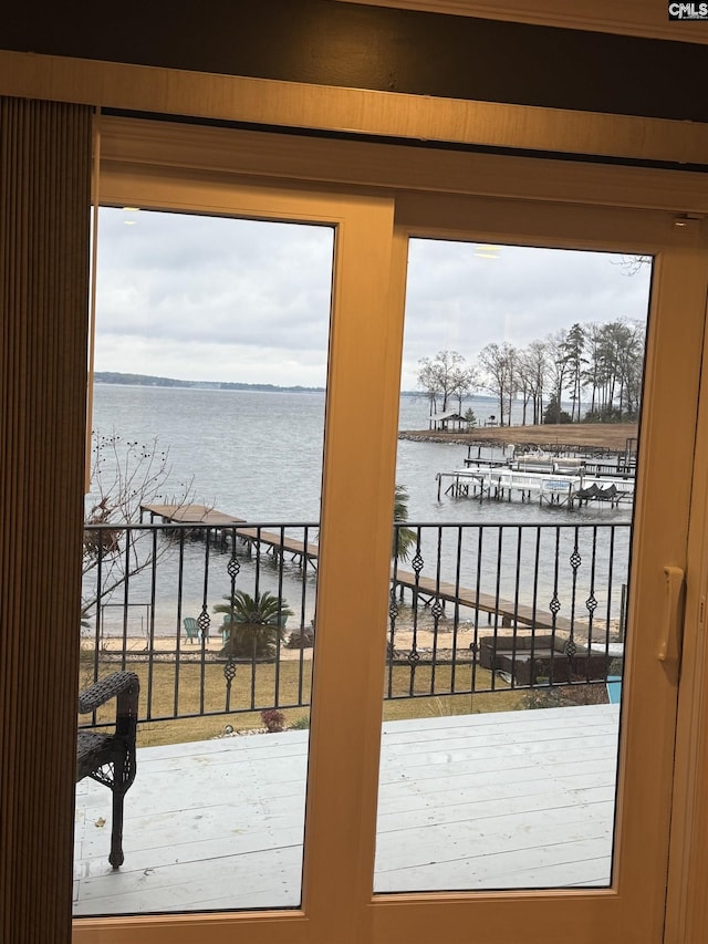 doorway to outside featuring a healthy amount of sunlight and a water view