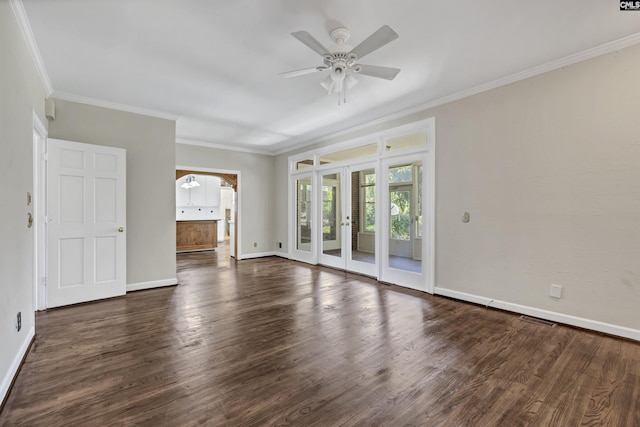 interior space with crown molding, french doors, ceiling fan, and dark hardwood / wood-style floors