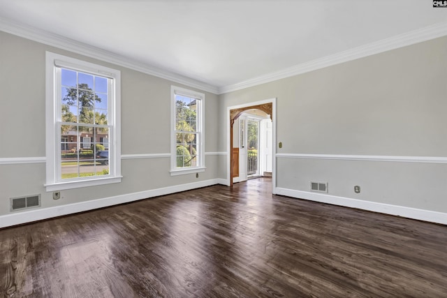 unfurnished room featuring dark hardwood / wood-style flooring and crown molding