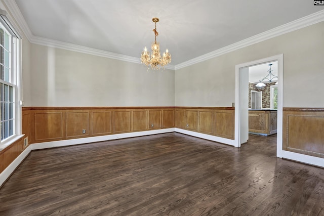 empty room featuring a notable chandelier, a healthy amount of sunlight, dark hardwood / wood-style flooring, and crown molding