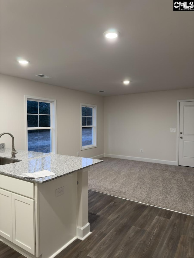 kitchen featuring light stone countertops, sink, dark wood-type flooring, a kitchen island with sink, and white cabinets