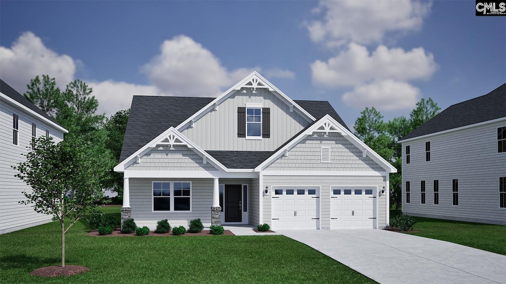 craftsman house with a front lawn and a garage