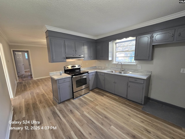 kitchen featuring crown molding, gray cabinetry, sink, and stainless steel electric stove