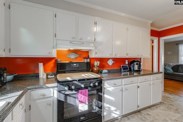 kitchen with crown molding, white cabinets, and black appliances