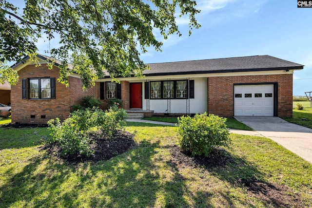 single story home featuring a front lawn and a garage