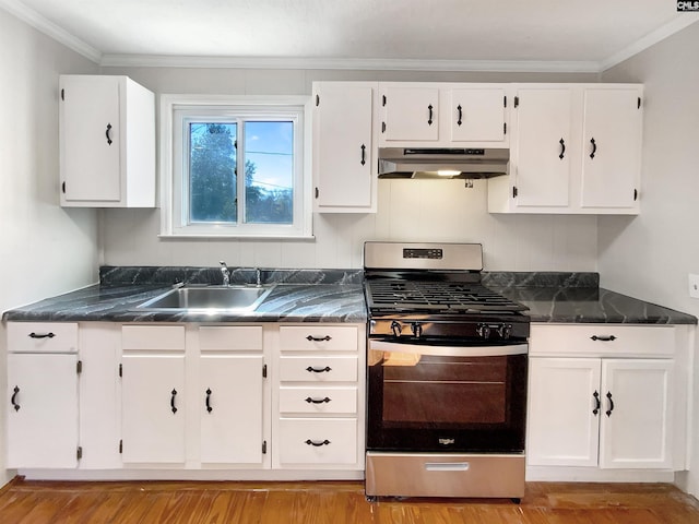 kitchen featuring ventilation hood, sink, ornamental molding, white cabinetry, and stainless steel range with gas stovetop