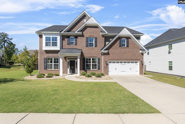 craftsman-style home with a garage and a front lawn