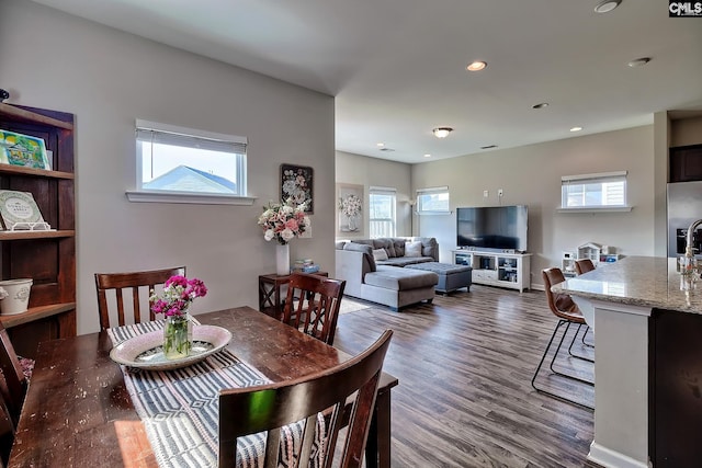 dining space featuring dark wood-type flooring