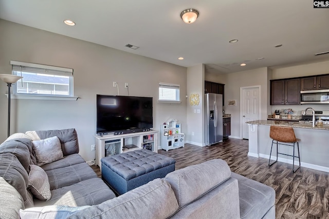 living room with dark hardwood / wood-style flooring, sink, and a wealth of natural light