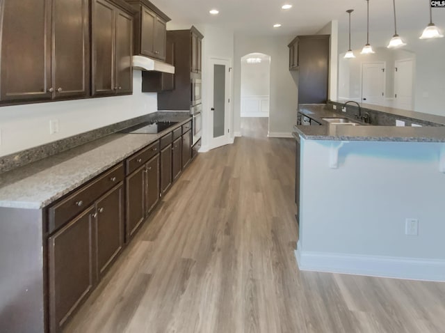 kitchen featuring black electric stovetop, dark brown cabinets, sink, pendant lighting, and light hardwood / wood-style floors