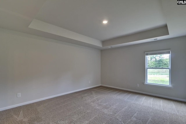 carpeted spare room with a tray ceiling