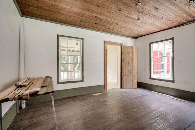 spare room with dark hardwood / wood-style flooring and wood ceiling