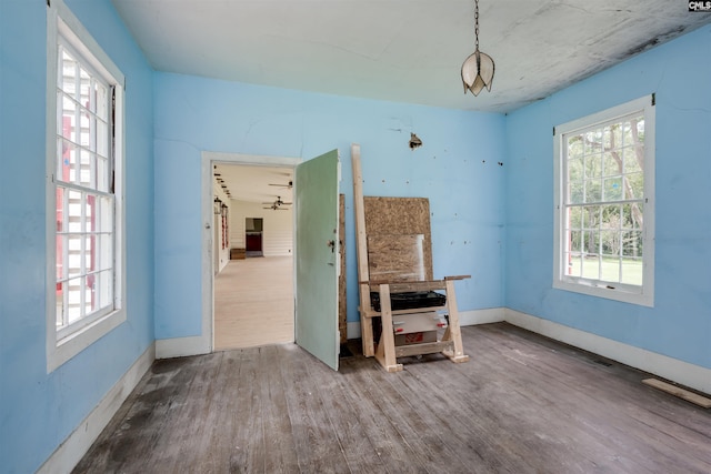 interior space with ceiling fan and hardwood / wood-style flooring