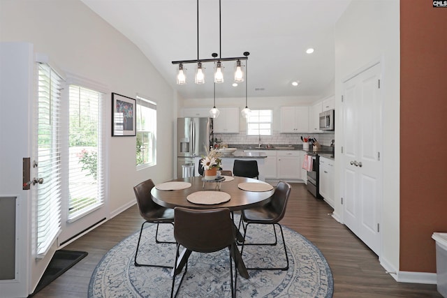 dining room with dark hardwood / wood-style floors, a wealth of natural light, and vaulted ceiling