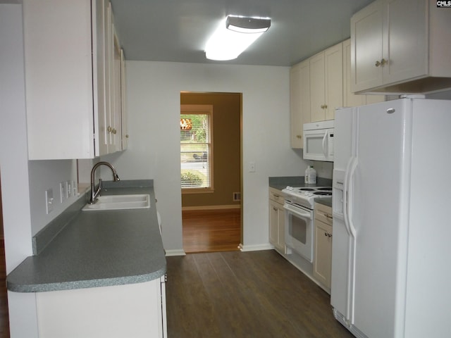 kitchen featuring white cabinets, dark hardwood / wood-style floors, white appliances, and sink