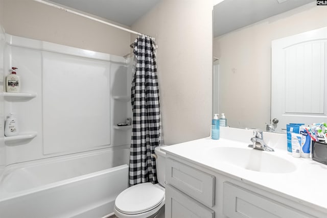 full bath featuring shower / bath combo, vanity, and toilet