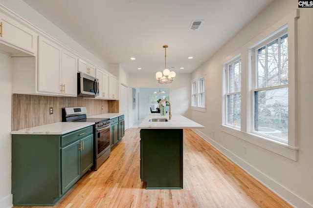 kitchen featuring an island with sink, hanging light fixtures, white cabinets, and stainless steel appliances