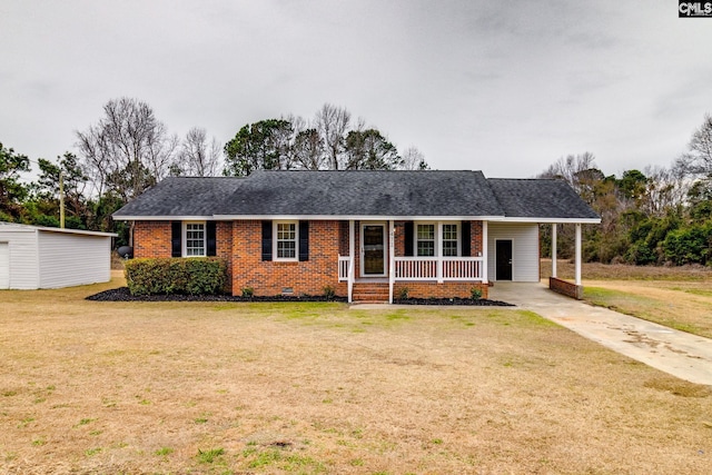 ranch-style home with a porch and a front lawn