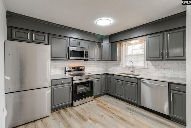 kitchen with gray cabinetry, sink, stainless steel appliances, light hardwood / wood-style floors, and a textured ceiling