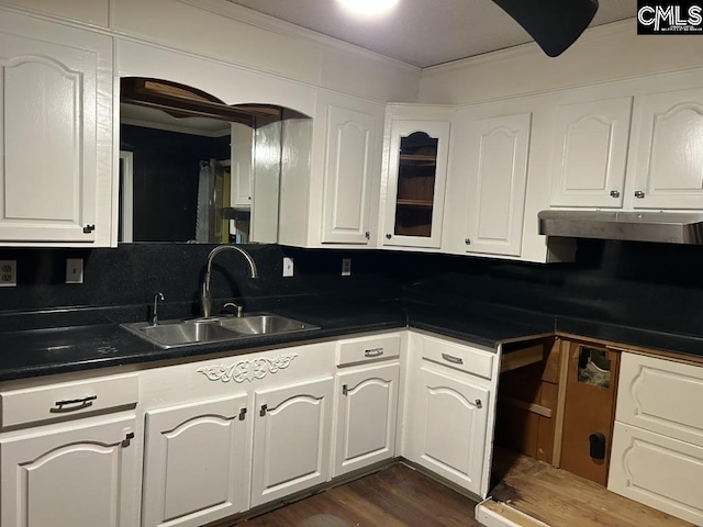 kitchen with dark hardwood / wood-style floors, white cabinetry, sink, decorative backsplash, and crown molding