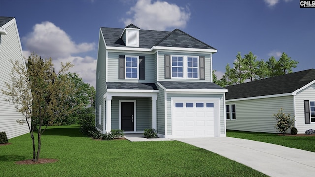 view of property featuring a front yard and a garage