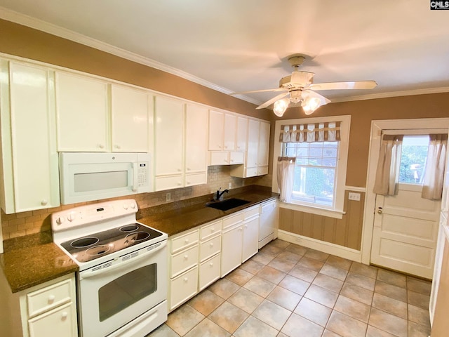 kitchen featuring white cabinets, white appliances, sink, and ornamental molding