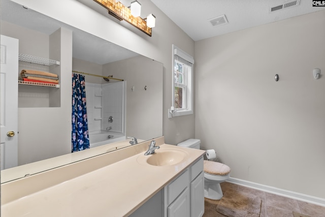 full bathroom with vanity, shower / bathtub combination with curtain, and toilet