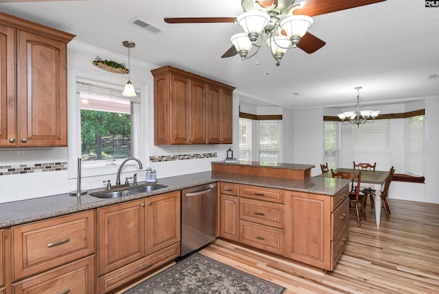 kitchen with dishwasher, tasteful backsplash, kitchen peninsula, and sink