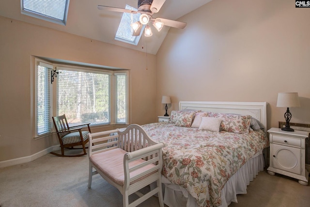 bedroom featuring carpet flooring, ceiling fan, and lofted ceiling