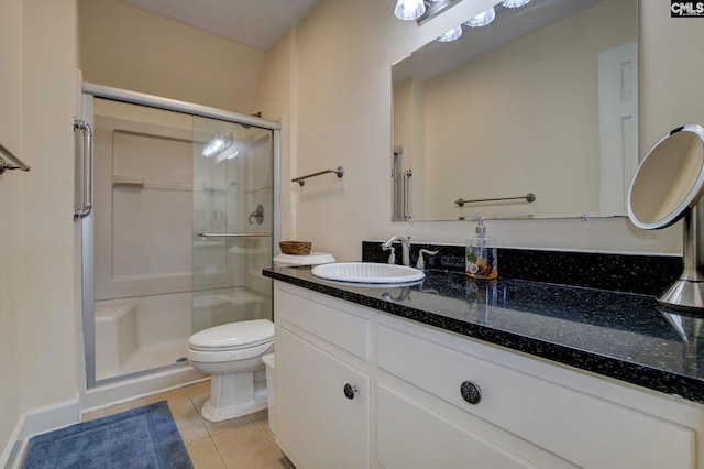 bathroom with tile patterned flooring, vanity, toilet, and a shower with door