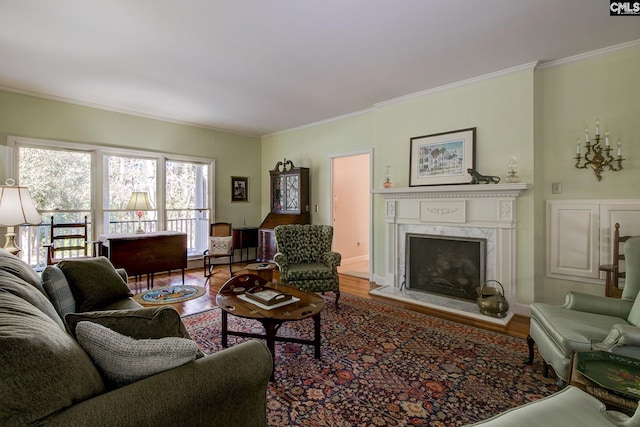 living room with crown molding, a fireplace, and wood-type flooring