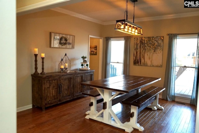 dining area featuring ornamental molding, a wealth of natural light, and dark hardwood / wood-style floors