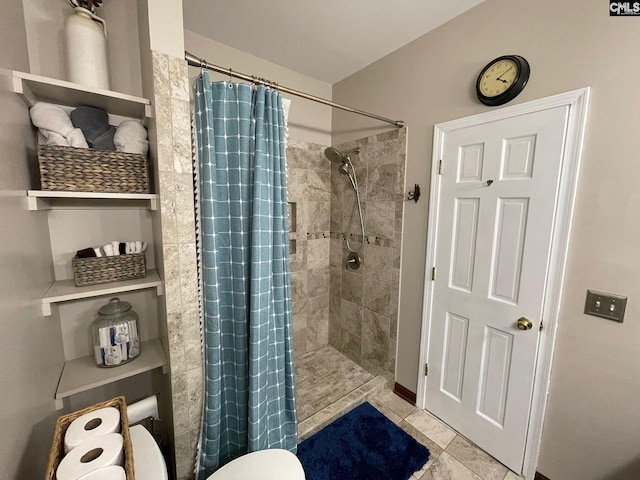 bathroom with curtained shower