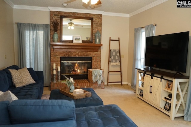 carpeted living room with a fireplace, a textured ceiling, ceiling fan, and crown molding