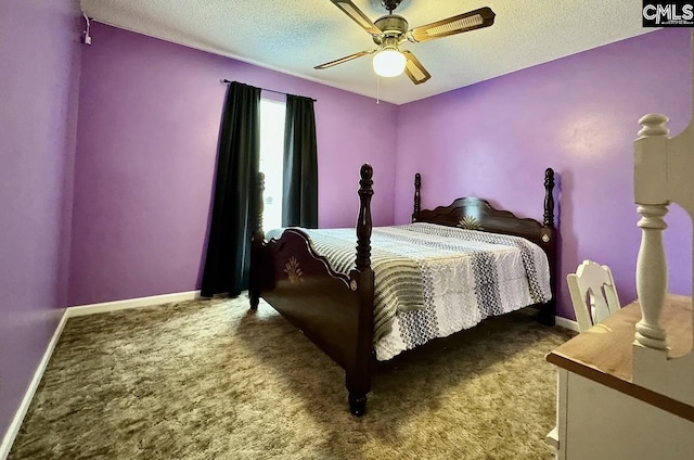 carpeted bedroom with a textured ceiling and ceiling fan