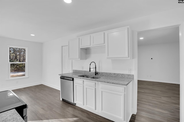 kitchen with sink, white cabinetry, light stone counters, stainless steel dishwasher, and dark hardwood / wood-style floors