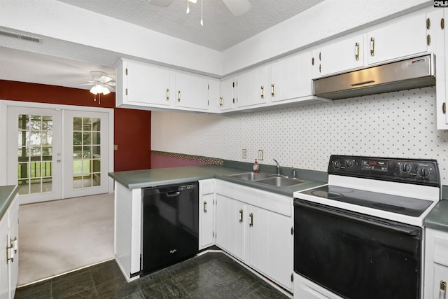 kitchen with french doors, range with electric stovetop, black dishwasher, white cabinetry, and sink