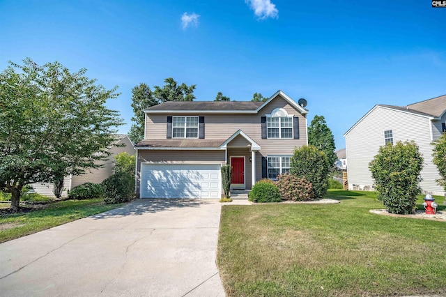 view of front property featuring a front lawn and a garage