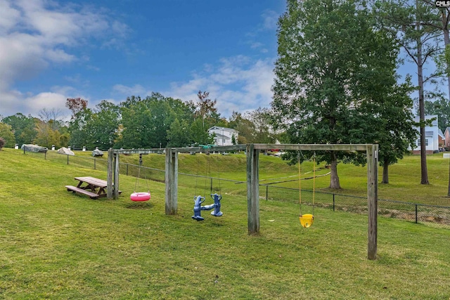 view of play area with a yard and a rural view