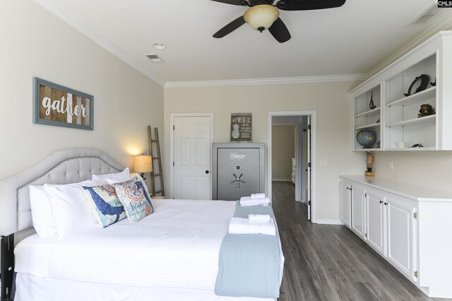 bedroom with ceiling fan, dark hardwood / wood-style flooring, and crown molding