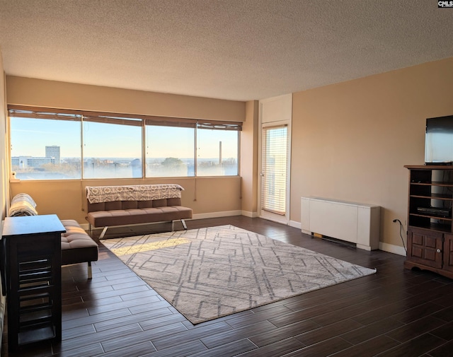 living room featuring a textured ceiling and a water view