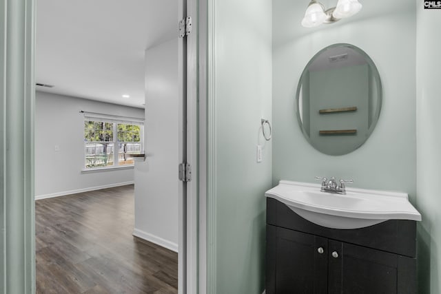 bathroom with wood-type flooring and vanity