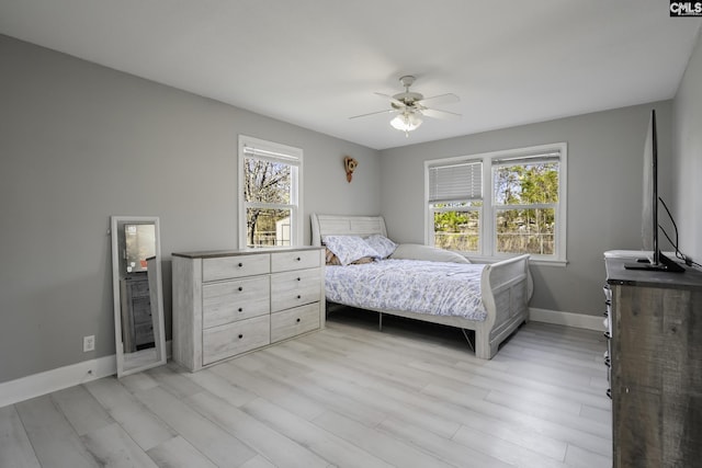 bedroom with ceiling fan and light hardwood / wood-style flooring