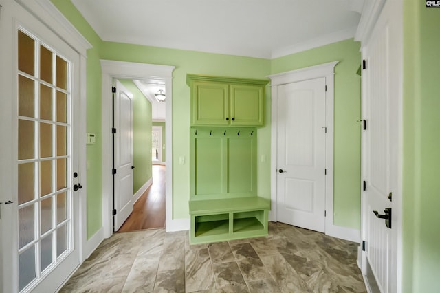 mudroom with ornamental molding