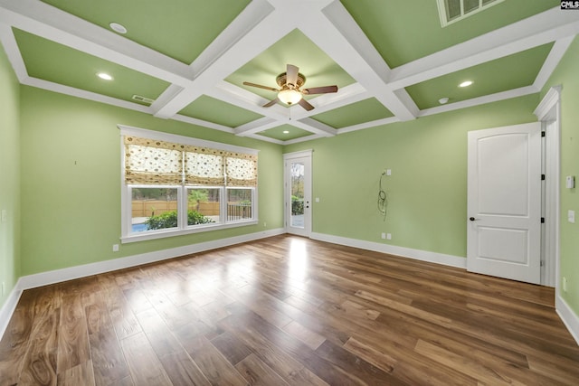 empty room featuring beamed ceiling, ceiling fan, and coffered ceiling