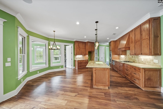 kitchen with custom range hood, tasteful backsplash, hanging light fixtures, a kitchen island with sink, and appliances with stainless steel finishes