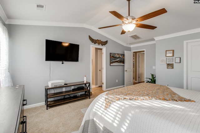 bedroom with ceiling fan, light colored carpet, vaulted ceiling, and crown molding