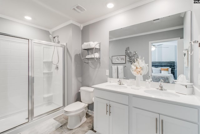 bathroom featuring toilet, walk in shower, ornamental molding, ceiling fan, and vanity