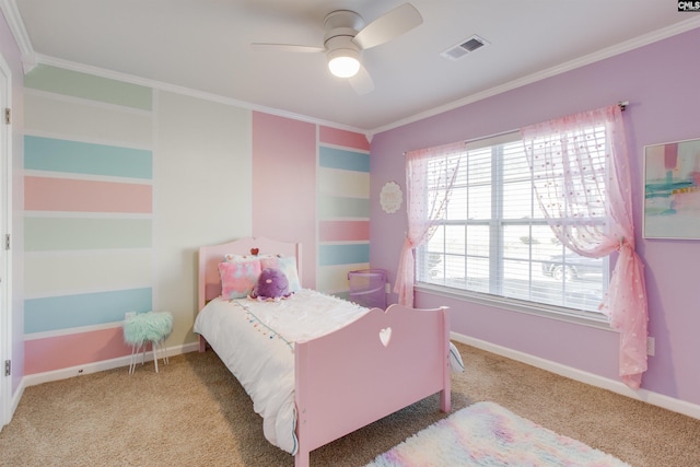 bedroom with multiple windows, light carpet, ceiling fan, and ornamental molding