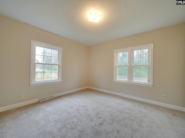 unfurnished room with a textured ceiling and light carpet